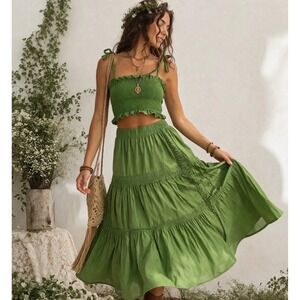 La Chocole Brazil Designer Green Smocked  Maxi Dress Set Boho Fairy Festival M
